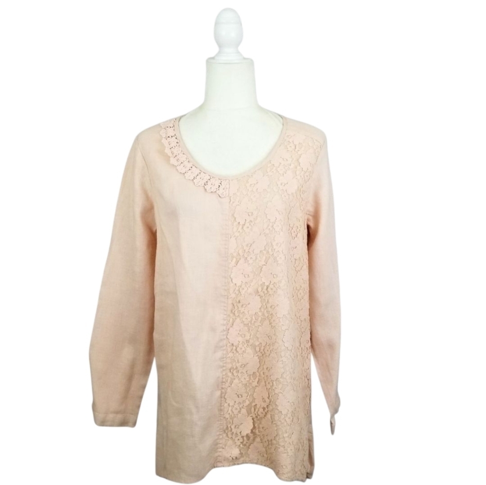 Sundance top blush pink lace overlay long sleeve scoop neck linen tunic size L